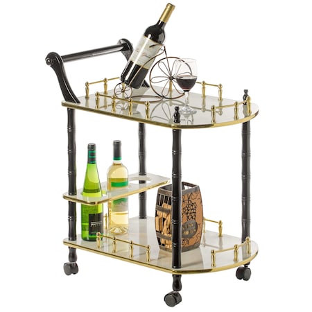 Fabulaxe Wood Serving Bar Cart Tea Trolley with 2 Tier Shelves and Rolling Wheels, Gold, Black and White QI003776.WT